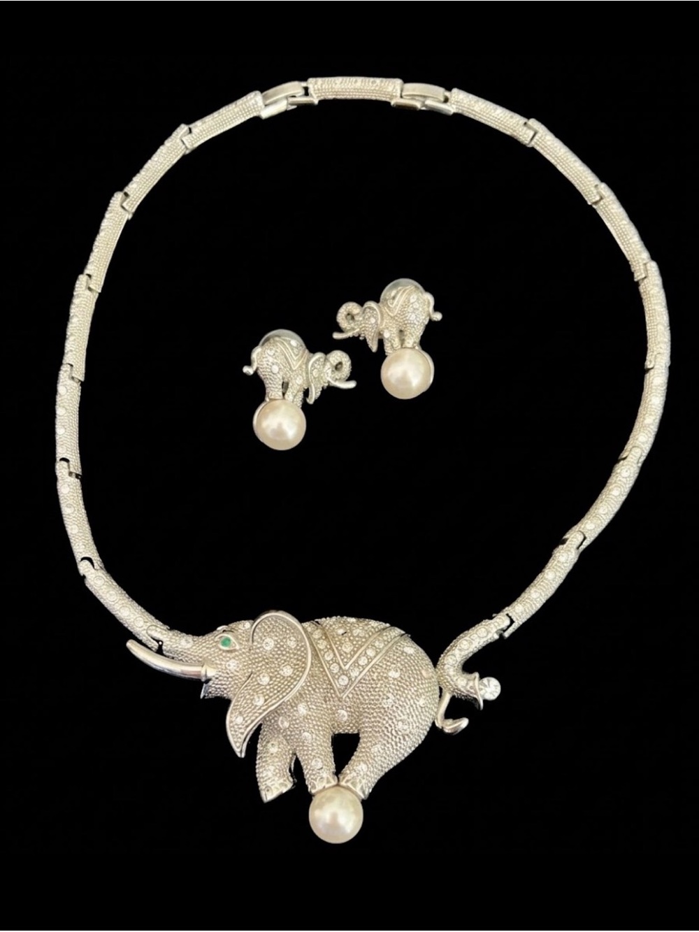 Vintage 1990s Pavé Crystal & Pearl Elephant Statement Jewelry Set